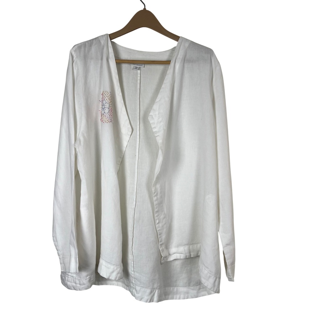 Pure Jill J. Jill White 100% Linen Open Front Cardigan Sashiko Patch XL Missy